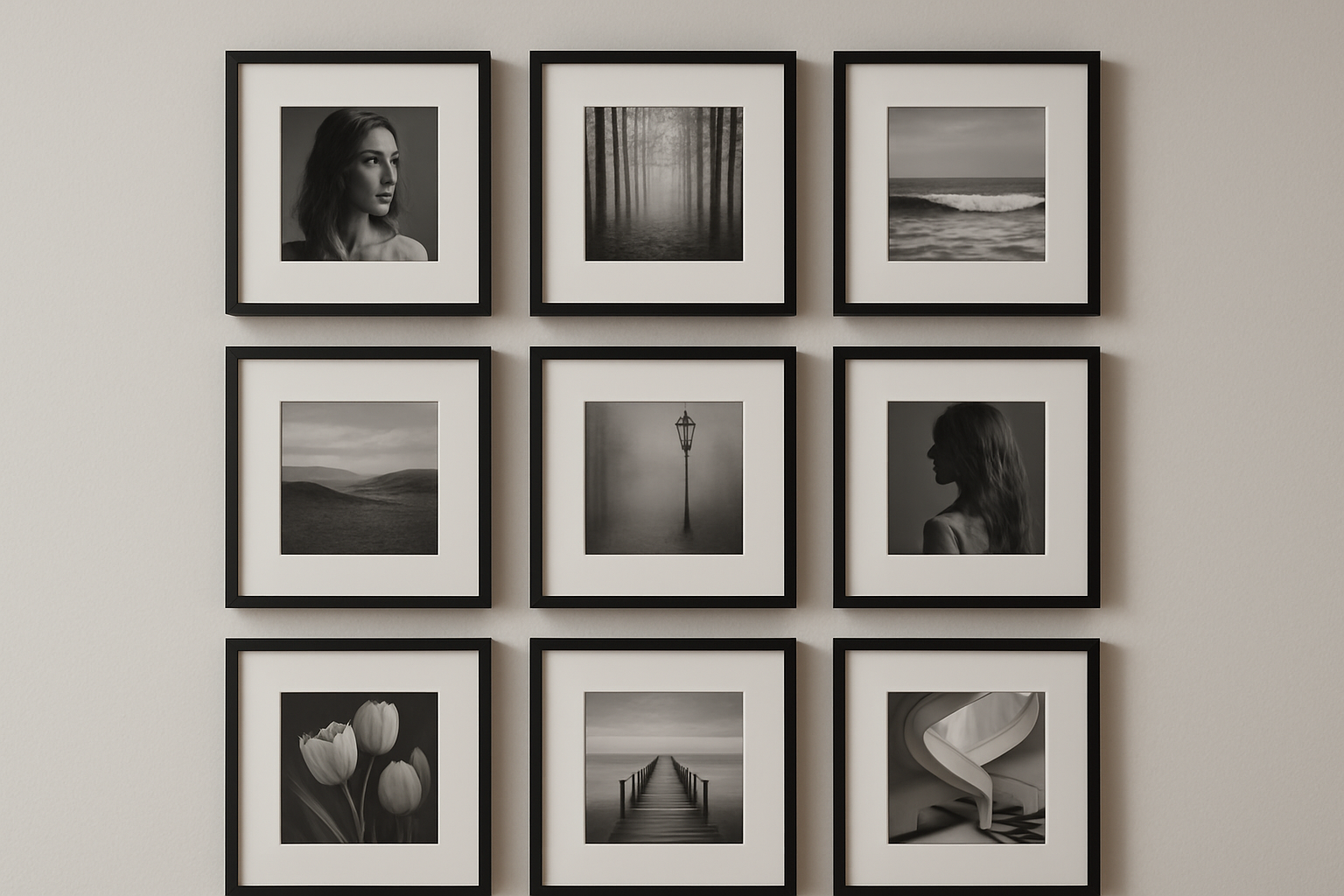 Cuadros cuadrados con fotos en blanco y negro y con maría luisa blanca